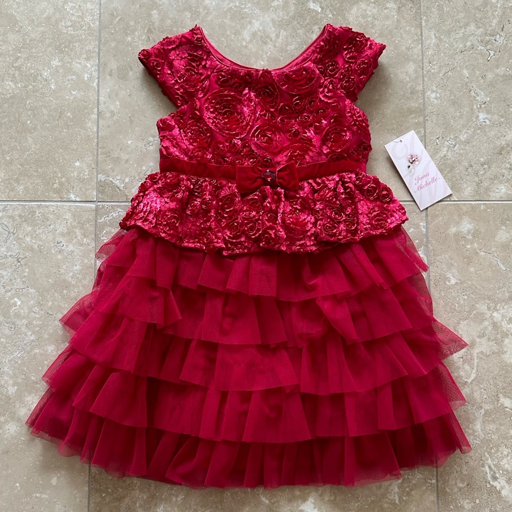 NWT Jona Michelle Girls’ Red Floral Appliqué Tulle Dress, Size 5
